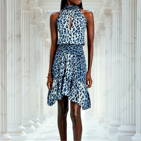 NWT A.L.C. ‘Cody’ Silk Blue Leopard Print Mini Dress Size 0 - Picture 2 of 16